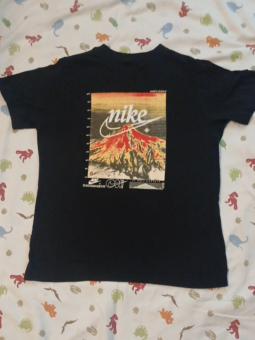 Nike Black Tee with Red & Yellow Volcano Graphic - Youth LARGE